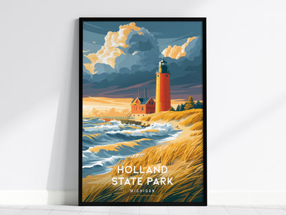 Holland State Park, Michigan Poster | Big Red Lighthouse Coastal Beach Decor Wall Art — framed wall art, 24x36 in