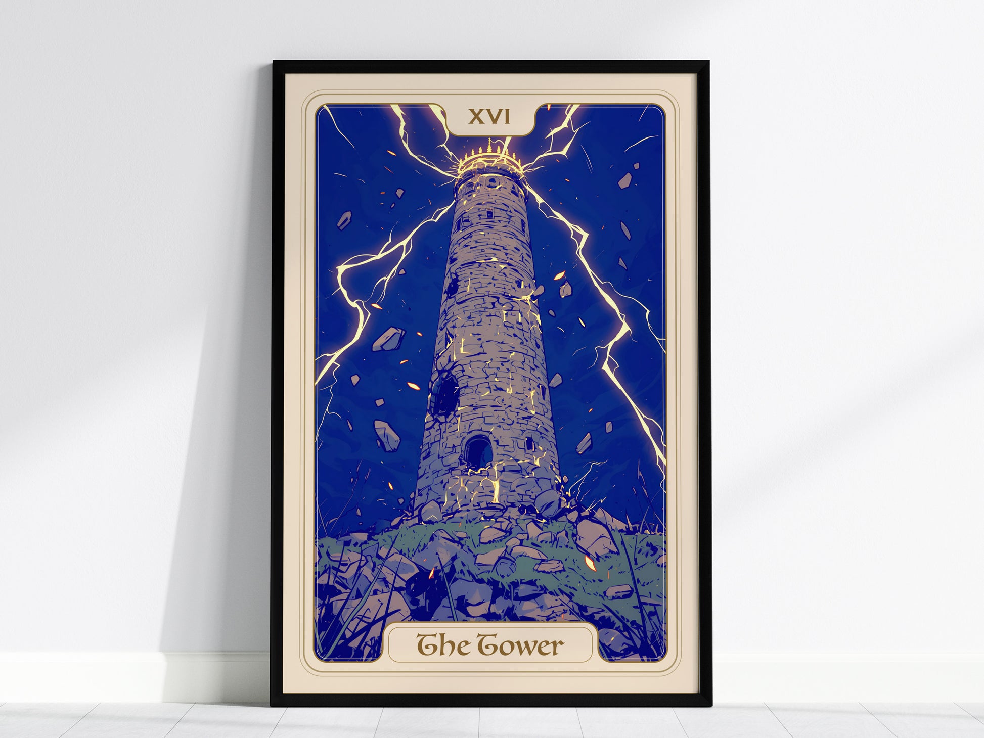 A framed poster of The Tower Tarot card features a tall, stone tower surrounded by dramatic lightning bolts against a deep blue background. The artwork showcases a vintage art nouveau style with bold colors and symbolic imagery.