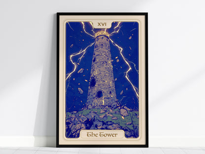 A framed poster of The Tower Tarot card features a tall, stone tower surrounded by dramatic lightning bolts against a deep blue background. The artwork showcases a vintage art nouveau style with bold colors and symbolic imagery.