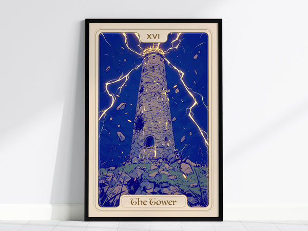 A framed poster of The Tower Tarot card features a tall, stone tower surrounded by dramatic lightning bolts against a deep blue background. The artwork showcases a vintage art nouveau style with bold colors and symbolic imagery.