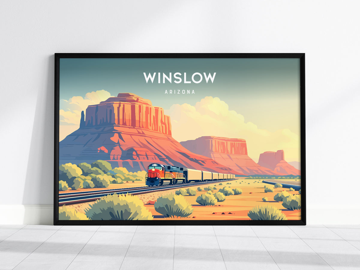 Winslow, Arizona Landscape Poster | Standin' on the Corner Travel Gift Wall Art — framed wall art, 24x36 in