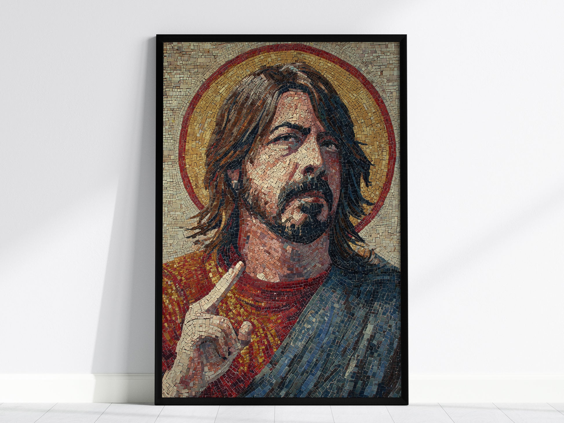 A framed mosaic artwork depicts a stylized figure with long hair and a beard, resembling a rock legend, set against a textured background.