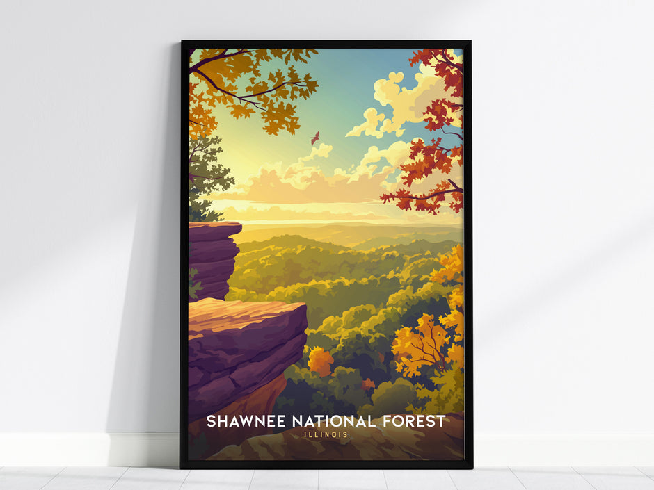 Vibrant autumn landscape of Shawnee National Forest poster featuring colorful orange, red, and yellow leaves, perfect travel art.