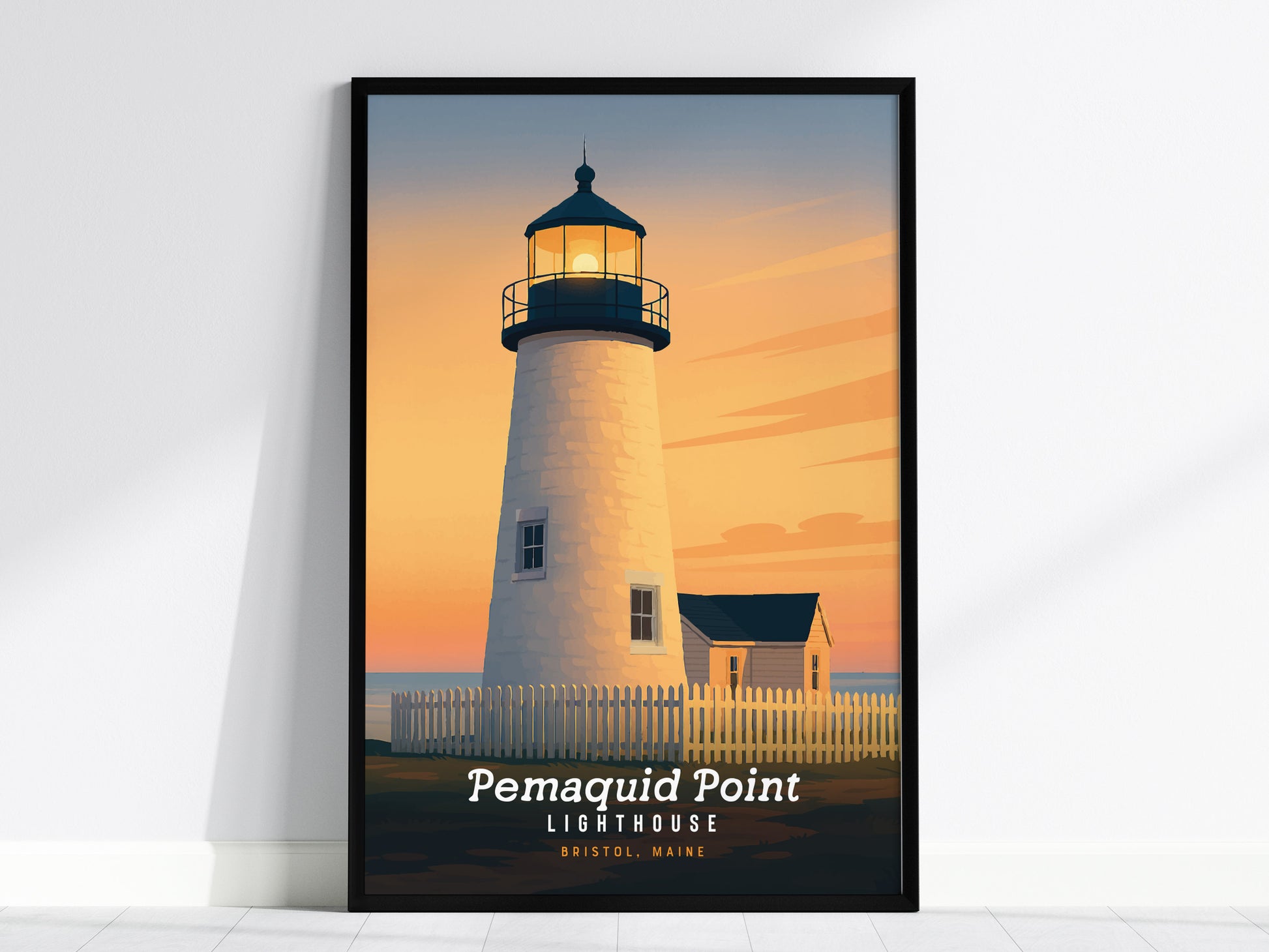 Pemaquid Lighthouse at sunset in Bristol, Maine, featuring warm hues and a serene sky, perfect travel art for home decor.