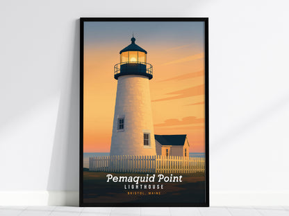 Pemaquid Lighthouse at sunset in Bristol, Maine, featuring warm hues and a serene sky, perfect travel art for home decor.