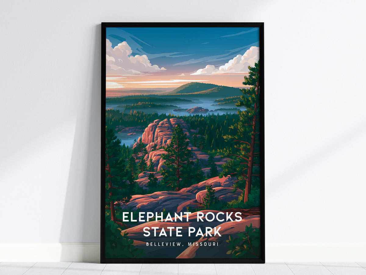 Elephant Rocks State Park, Belleview, Missouri Poster | Ancient Granite Boulders Travel Wall Art — framed wall art, 24x36 in