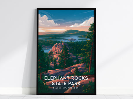 Elephant Rocks State Park, Belleview, Missouri Poster | Ancient Granite Boulders Travel Wall Art — framed wall art, 24x36 in