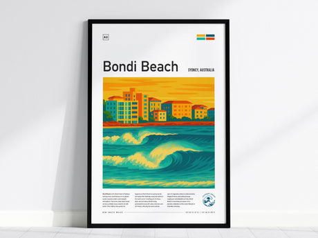 Framed artwork of Bondi Beach features vibrant turquoise waves and a skyline of colorful buildings set against an orange sky. The poster includes text about Bondi Beach, with the title Bondi Beach and location Sydney, Australia.