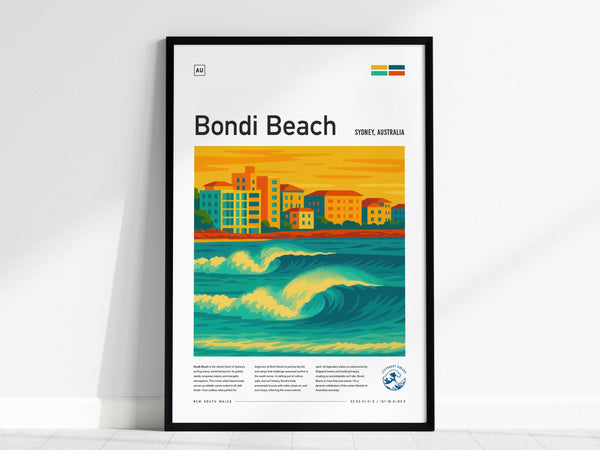 Framed artwork of Bondi Beach features vibrant turquoise waves and a skyline of colorful buildings set against an orange sky. The poster includes text about Bondi Beach, with the title Bondi Beach and location Sydney, Australia.