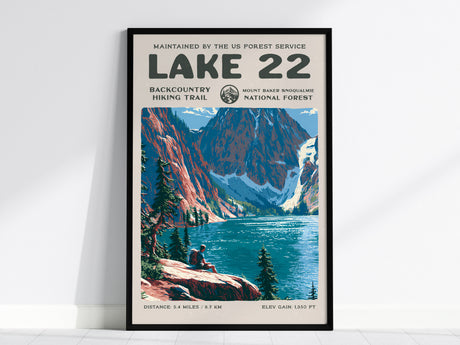 Lake 22, Mount Baker-Snoqualmie National Forest Poster | Hiker Gift | Backcountry Trail Wall Art — framed wall art, 24x36 in
