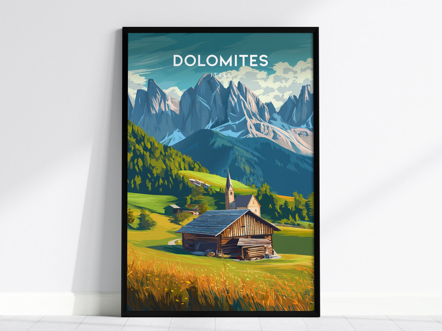 Dolomites, Italy Poster | Alpine Peaks & Meadow Travel Wall Art — framed wall art, 24x36 in