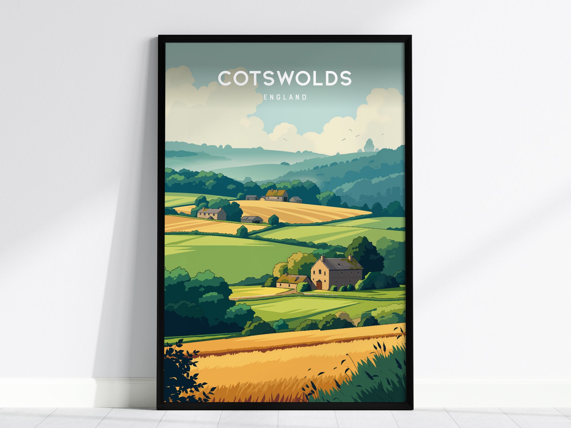 Cotswolds, England Poster | Rolling Hills & Stone Village Wall Art — framed wall art, 24x36 in