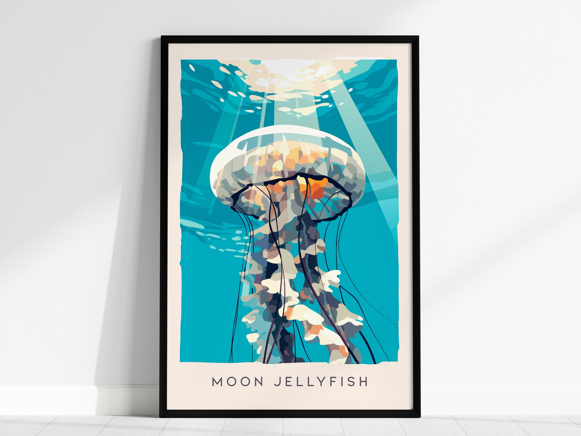 Moon Jellyfish Poster | Ethereal Ocean Drifters Wildlife Wall Art — framed wall art, 24x36 in
