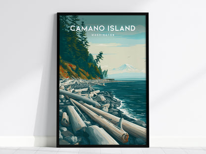 Camano Island, Washington Poster | Evergreen Shores & Heron Coastal Wall Art — framed wall art, 24x36 in