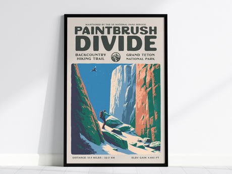 Paintbrush Divide, Grand Teton National Park Poster | Hiker Gift | Backcountry Trail Wall Art — framed wall art, 24x36 in