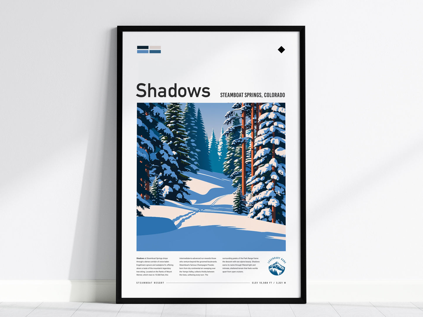 Shadows, Steamboat Poster | Snowy Ski Run Mountain Wall Art — framed wall art, 24x36 in