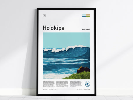 Framed poster of Hookipa Beach, Maui, featuring a stylized ocean wave with a clear blue sky and rocky foreground. The design includes minimal text and a modern aesthetic.