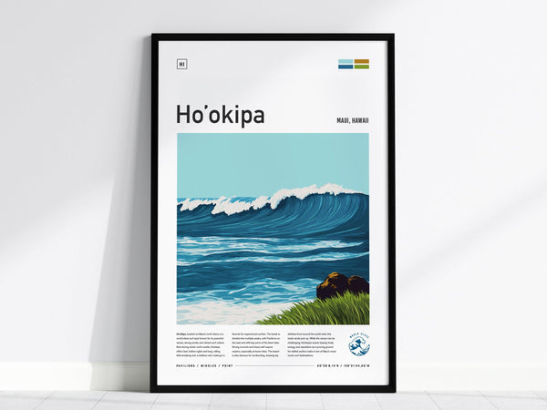 Framed poster of Hookipa Beach, Maui, featuring a stylized ocean wave with a clear blue sky and rocky foreground. The design includes minimal text and a modern aesthetic.