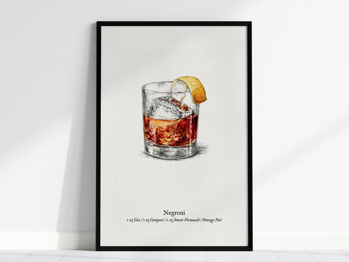 Negroni Poster | Vintage Cocktail Scientific Illustration Wall Art — framed wall art, 24x36 in