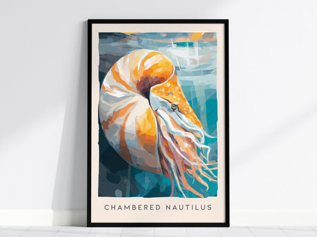 Chambered Nautilus Poster | Golden Spiral Shell Wildlife Wall Art — framed wall art, 24x36 in