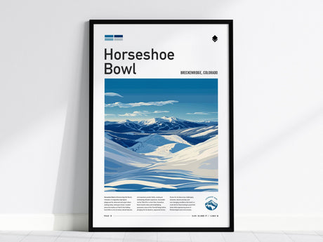 Framed poster featuring an artistic depiction of Horseshoe Bowl in Breckenridge, Colorado, showcasing snow-covered mountains under a clear blue sky. Text includes location and elevation details.
