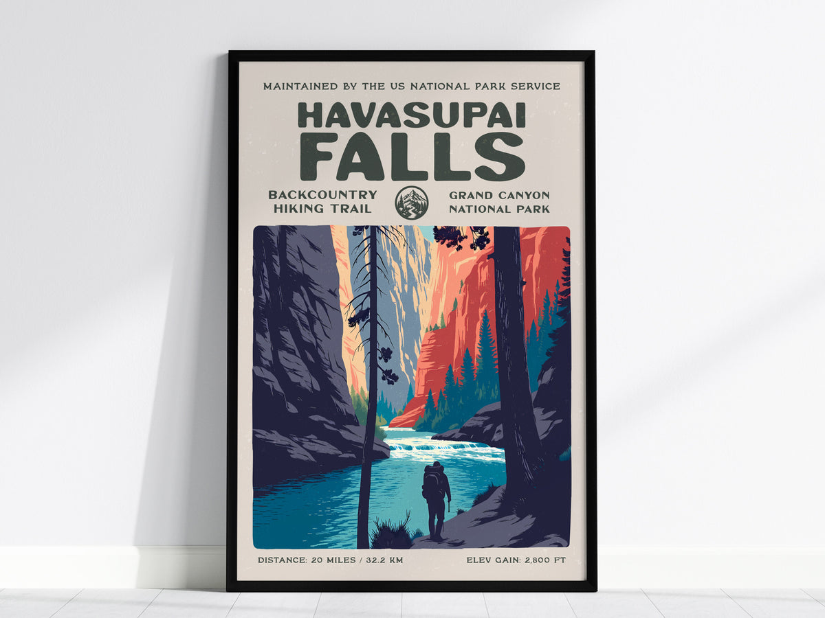 Havasupai Falls, Grand Canyon National Park Poster | Backpacker Gift | Turquoise Canyon Trail Wall Art — framed wall art, 24x