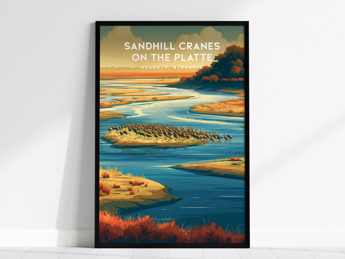 Sandhill Cranes on the Platte, Kearney, Nebraska Poster | Prairie Wildlife Travel Wall Art — framed wall art, 24x36 in