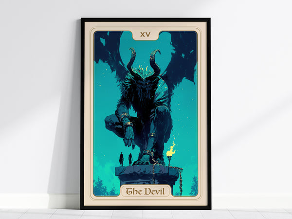 Framed tarot art print of The Devil card, featuring a muscular figure with horns, chains, and flames in deep blues and greens.