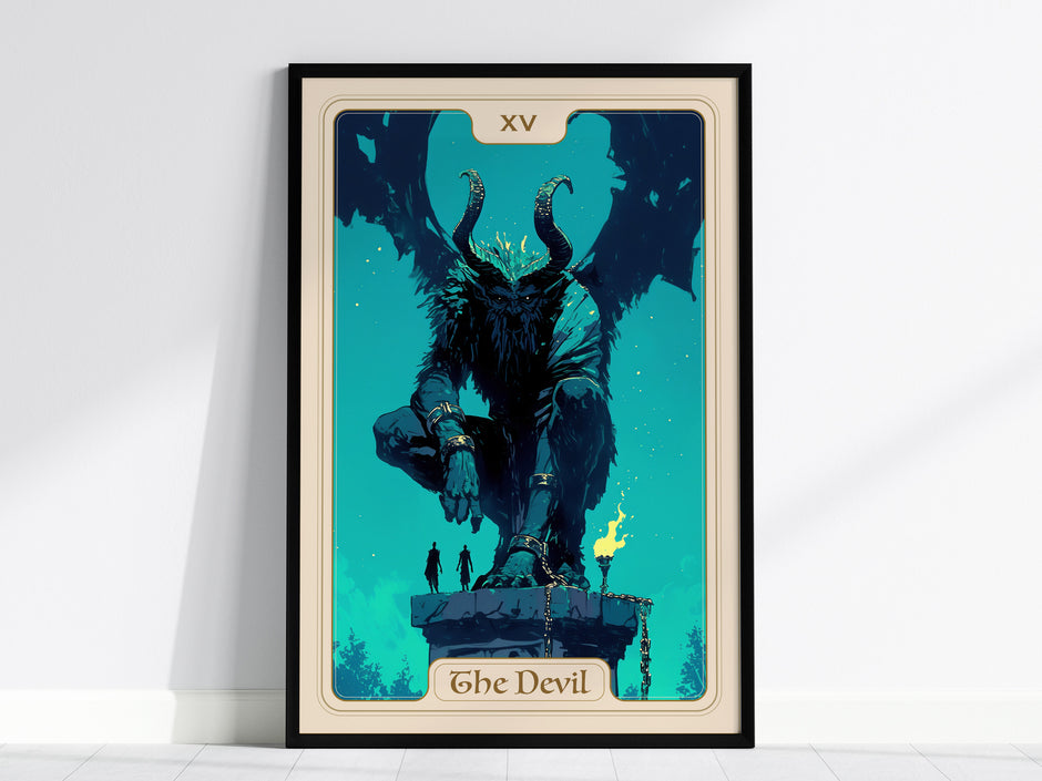 Framed tarot art print of The Devil card, featuring a muscular figure with horns, chains, and flames in deep blues and greens.
