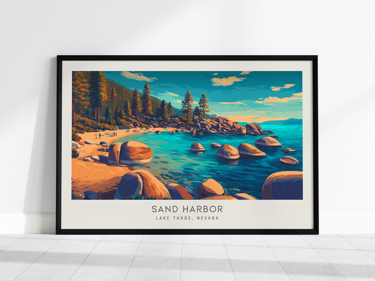 Sand Harbor Landscape Matte Border Poster | Lake Tahoe, Nevada Vacation Wall Art — framed wall art, 24x36 in