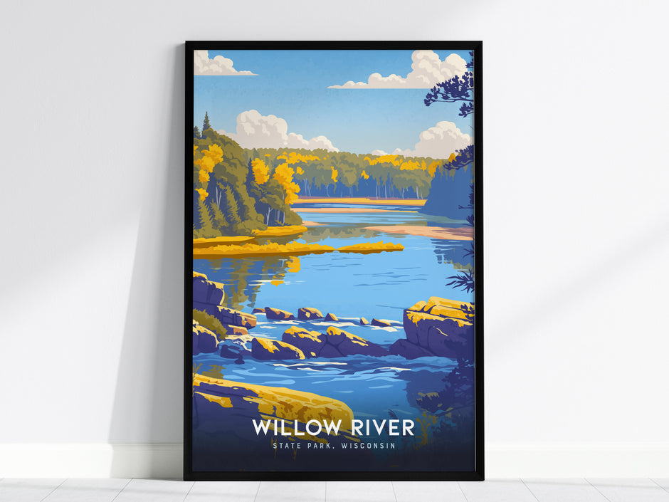 Framed Willow River Wisconsin poster featuring vibrant blue skies, lush green trees, and a serene river, perfect for travel art décor.
