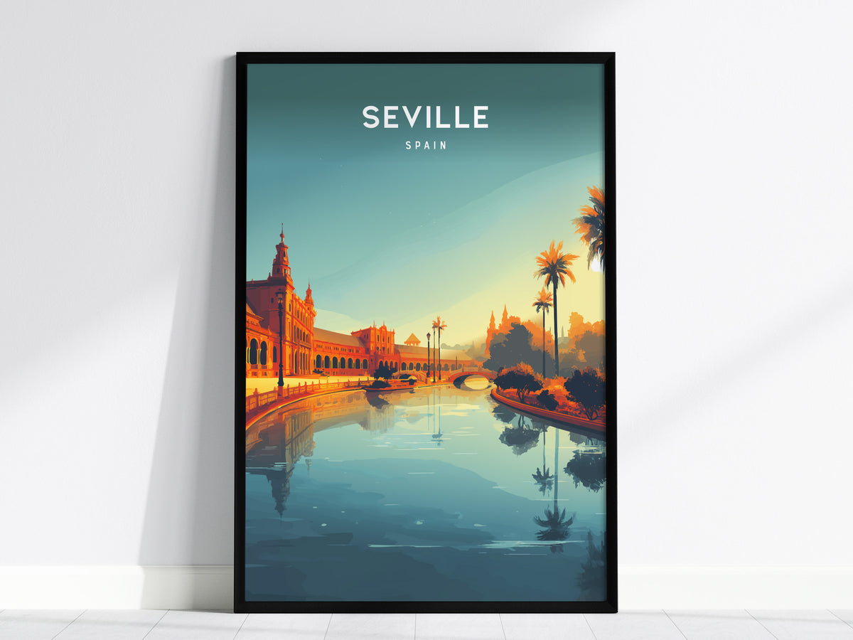 A vibrant poster featuring the skyline of Seville, Spain, showcases stunning architectural details along a serene river. Palm trees frame the scene, reflecting the warm colors of sunset against the tranquil water.