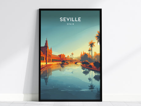 A vibrant poster featuring the skyline of Seville, Spain, showcases stunning architectural details along a serene river. Palm trees frame the scene, reflecting the warm colors of sunset against the tranquil water.