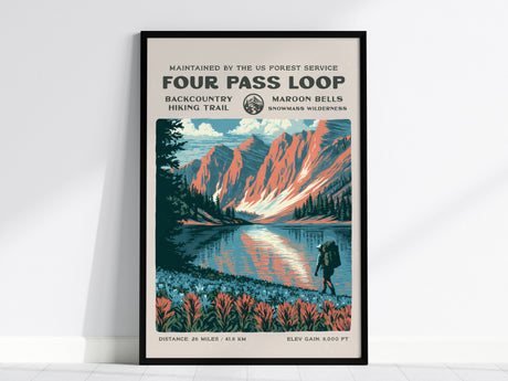 Four Pass Loop, Maroon Bells-Snowmass Wilderness Poster | Hiker Gift | Backcountry Trail Wall Art — framed wall art, 24x36 in