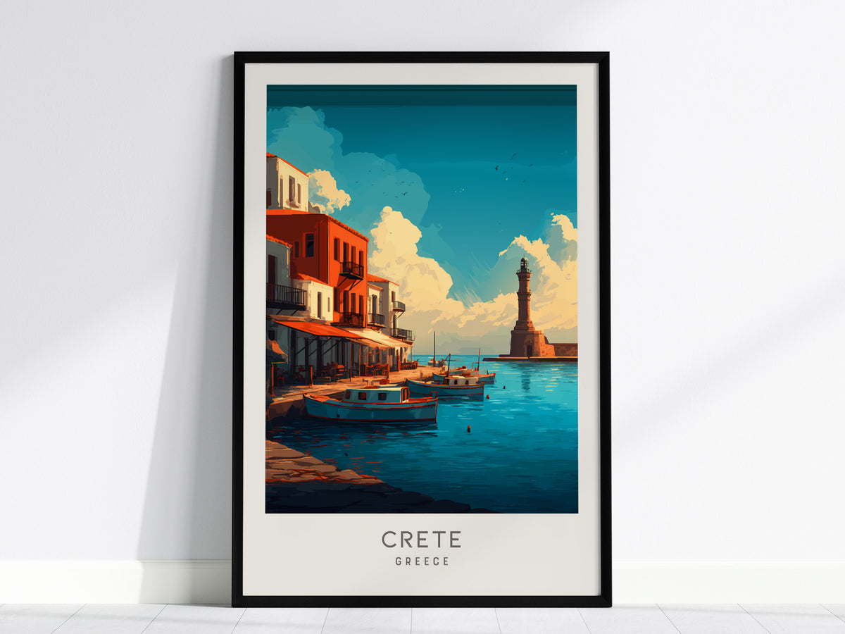 Crete Matte Border Poster | Greece Coastal Beach Decor Travel Wall Art — framed wall art, 24x36 in