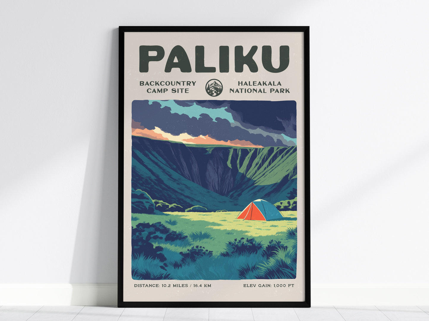 Paliku, Haleakala National Park Poster | Backpacker Gift | Misty Crater Wilderness Wall Art — framed wall art, 24x36 in