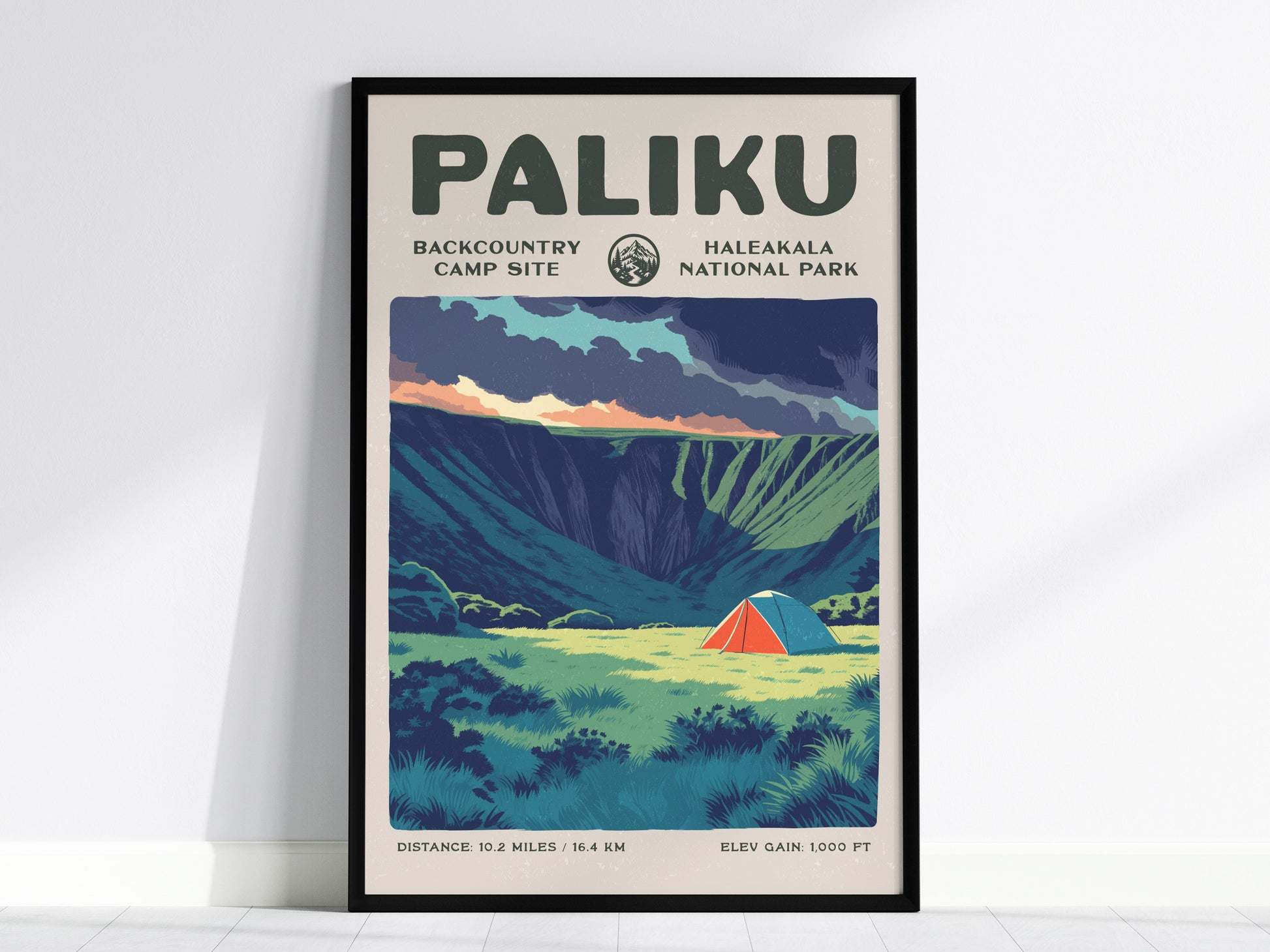 Paliku, Haleakala National Park Poster | Backpacker Gift | Misty Crater Wilderness Wall Art — framed wall art, 24x36 in