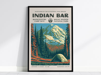 Indian Bar, Mount Rainier National Park Poster | Hiker Gift | Backcountry Trail Wall Art — framed wall art, 24x36 in