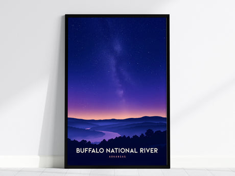 Framed Buffalo National River poster featuring a serene nighttime landscape with silhouetted hills and a winding river in deep blues and purples.