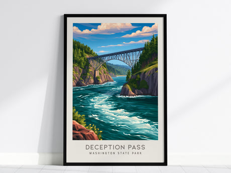 Deception Pass State Park Matte Border Poster | Whidbey Island, Washington Coastal Beach Decor — framed wall art, 24x36 in