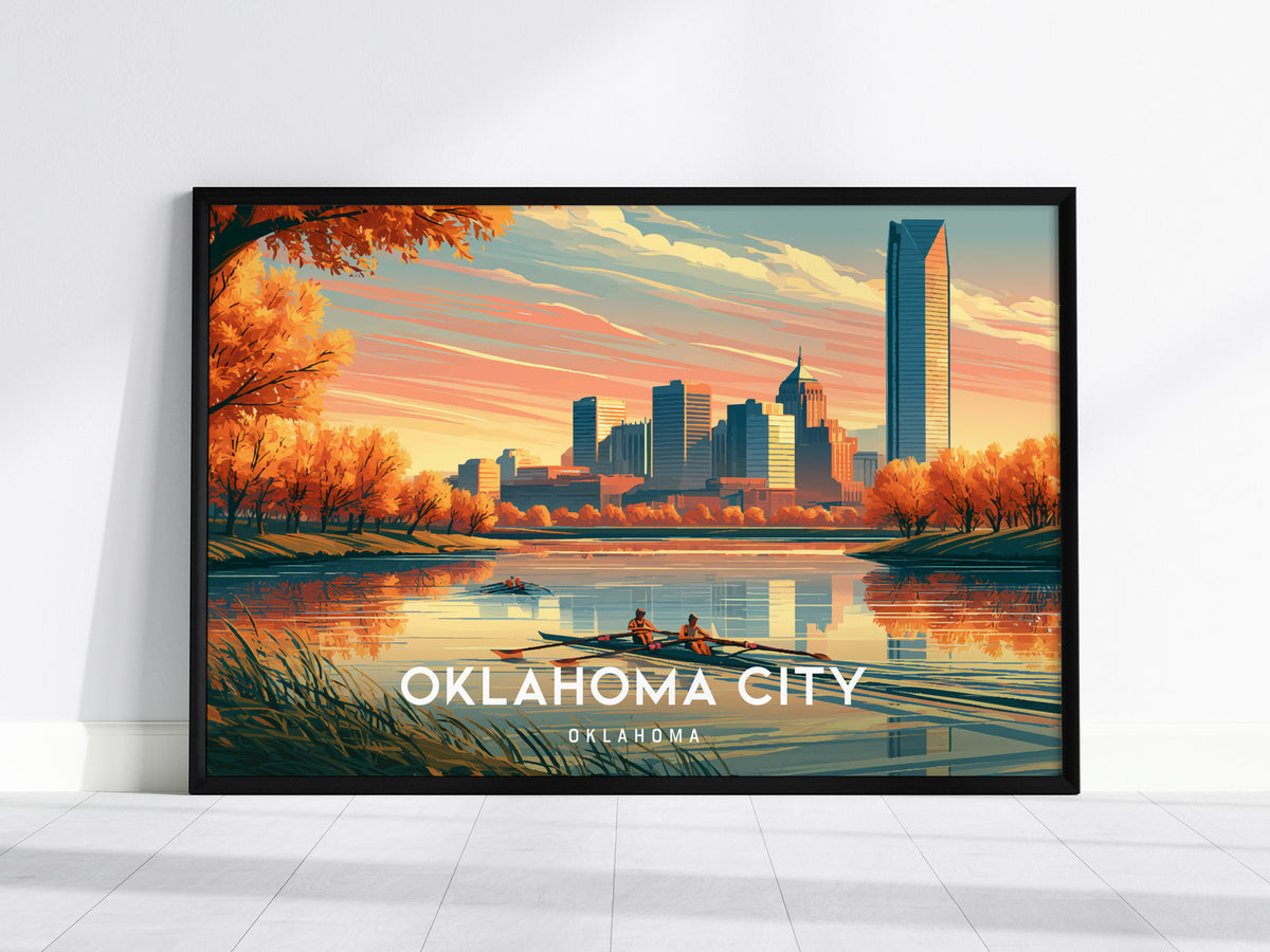 Oklahoma City, Oklahoma Landscape Poster | Vibrant Downtown Skyline Vacation Wall Art — framed wall art, 24x36 in