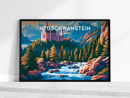 Neuschwanstein, Germany Landscape Poster | Alpine Castle Vacation Wall Art — framed wall art, 24x36 in