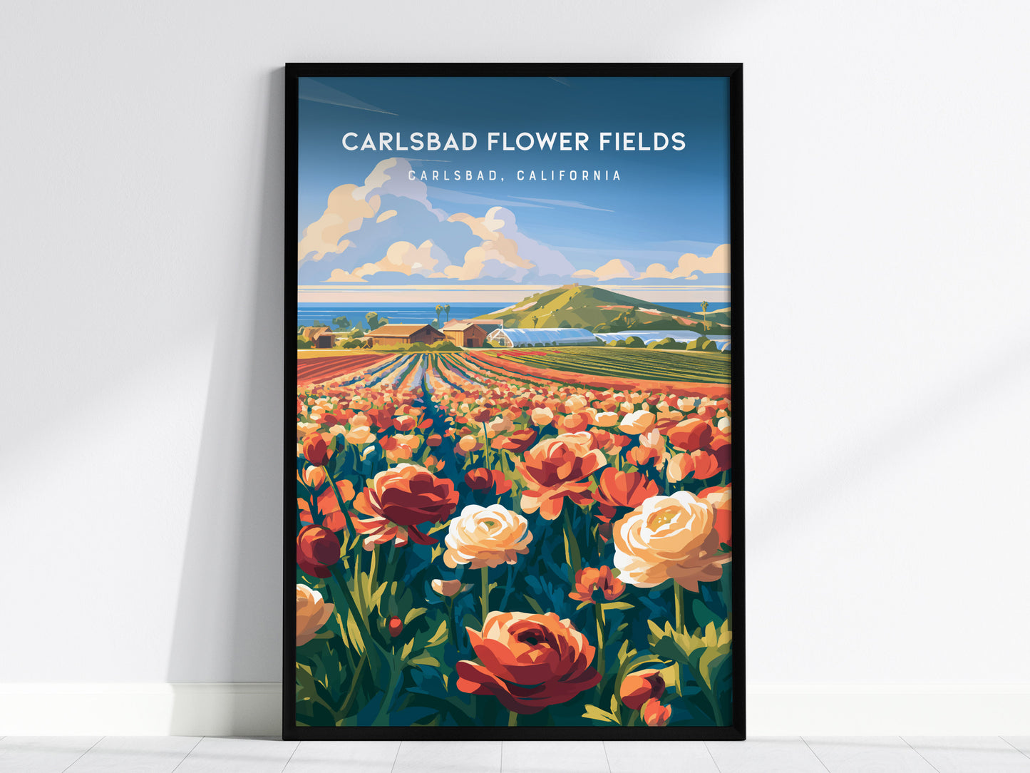 Carlsbad Flower Fields, California Poster | Vibrant Blooms & Coastal Views Wall Art — framed wall art, 24x36 in