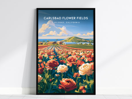 Carlsbad Flower Fields, California Poster | Vibrant Blooms & Coastal Views Wall Art — framed wall art, 24x36 in