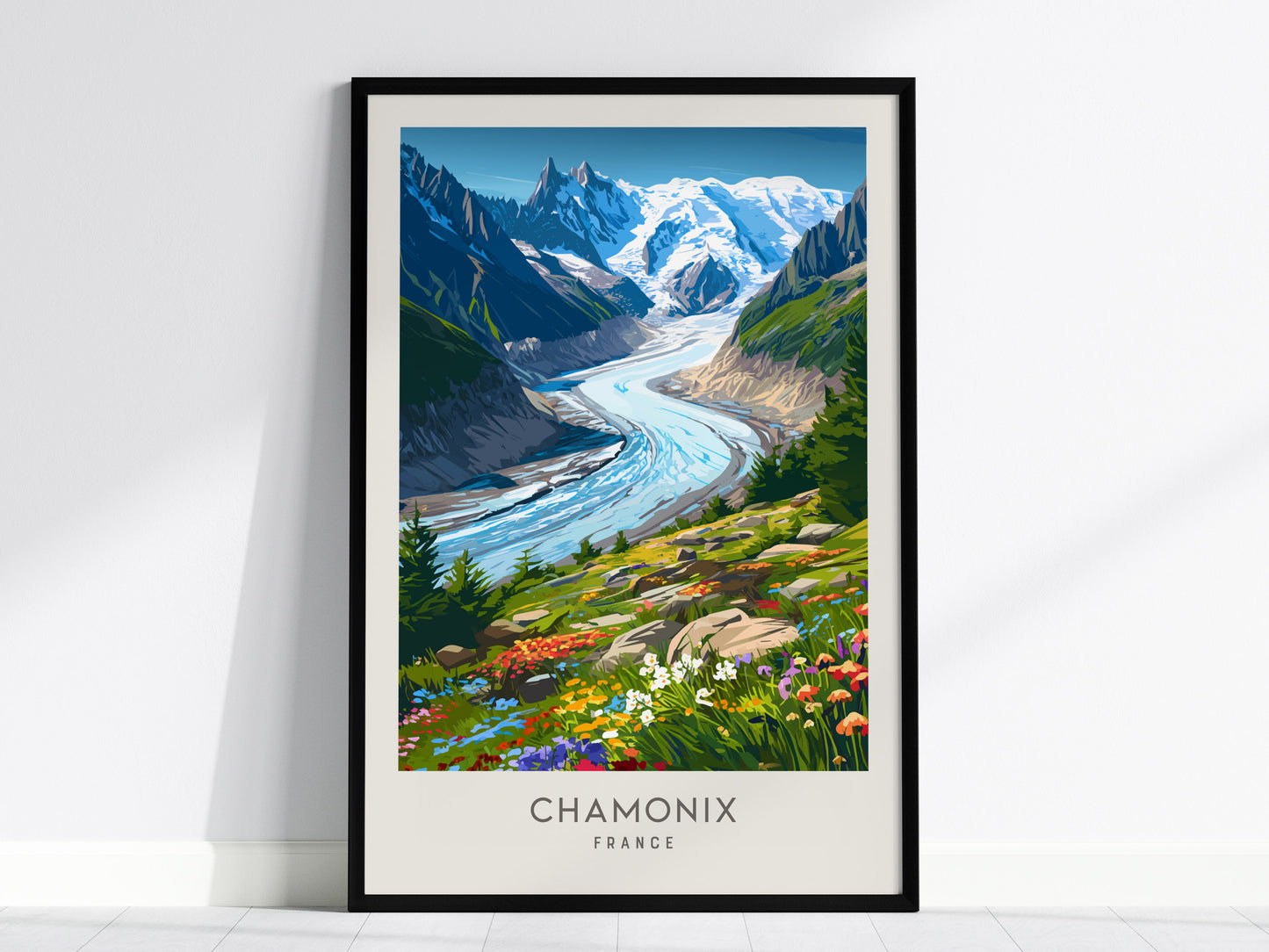 Chamonix Matte Border Poster | France Alpine Travel Wall Art — framed wall art, 24x36 in