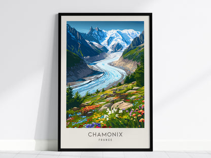 Chamonix Matte Border Poster | France Alpine Travel Wall Art — framed wall art, 24x36 in