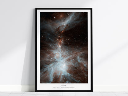 Black frame Orion Nebula wall art showing swirling blue nebula clouds and bright stars from NASA’s Spitzer Space Telescope.