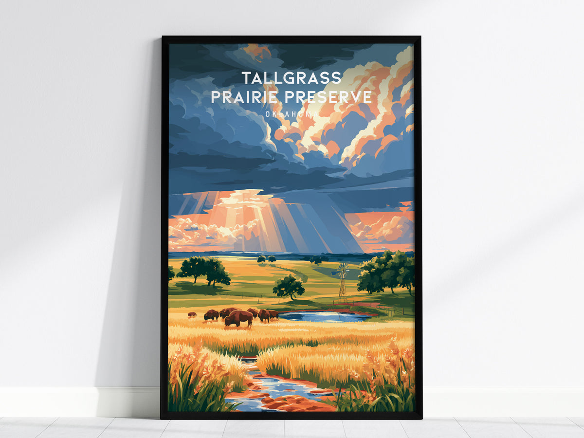 Tallgrass Prairie Preserve, Oklahoma Poster | Golden Plains & Bison Framed or Unframed Wall Art — framed wall art, 24x36 in