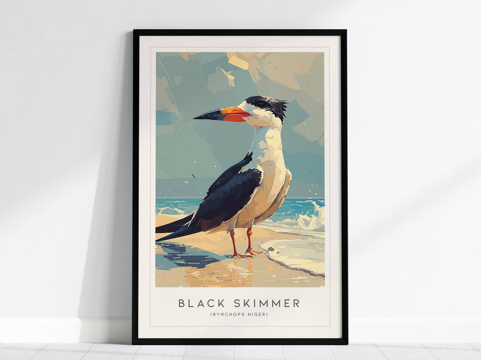 A framed poster featuring a stylized illustration of a Black Skimmer bird standing on a sandy beach, with its distinctive black and white plumage and bright orange bill.
