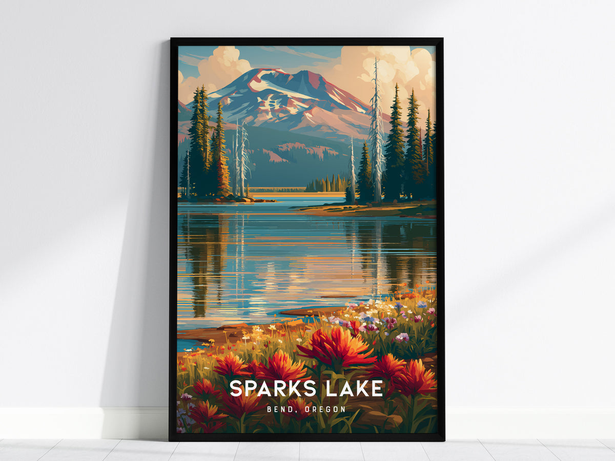 Sparks Lake, Bend, Oregon Poster | Mountain Reflections Vacation Wall Art — framed wall art, 24x36 in